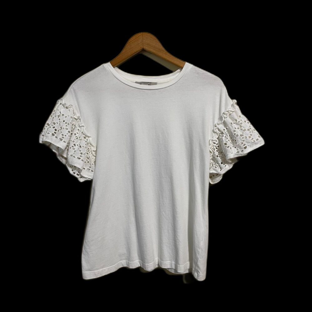 AllSaints White Trixi Eyelet Ruffle Short Sleeves Cotton Tee Shirt Top Sz S
